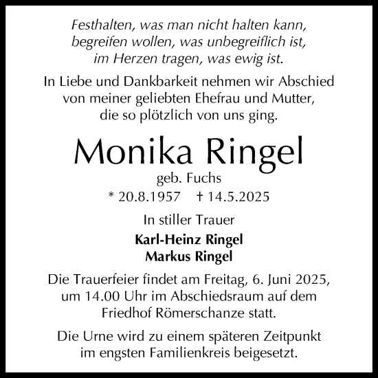 Anzeige von Monika Ringel von Reutlinger General-Anzeiger