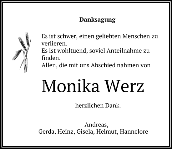 Anzeige von Monika Werz von Reutlinger General-Anzeiger
