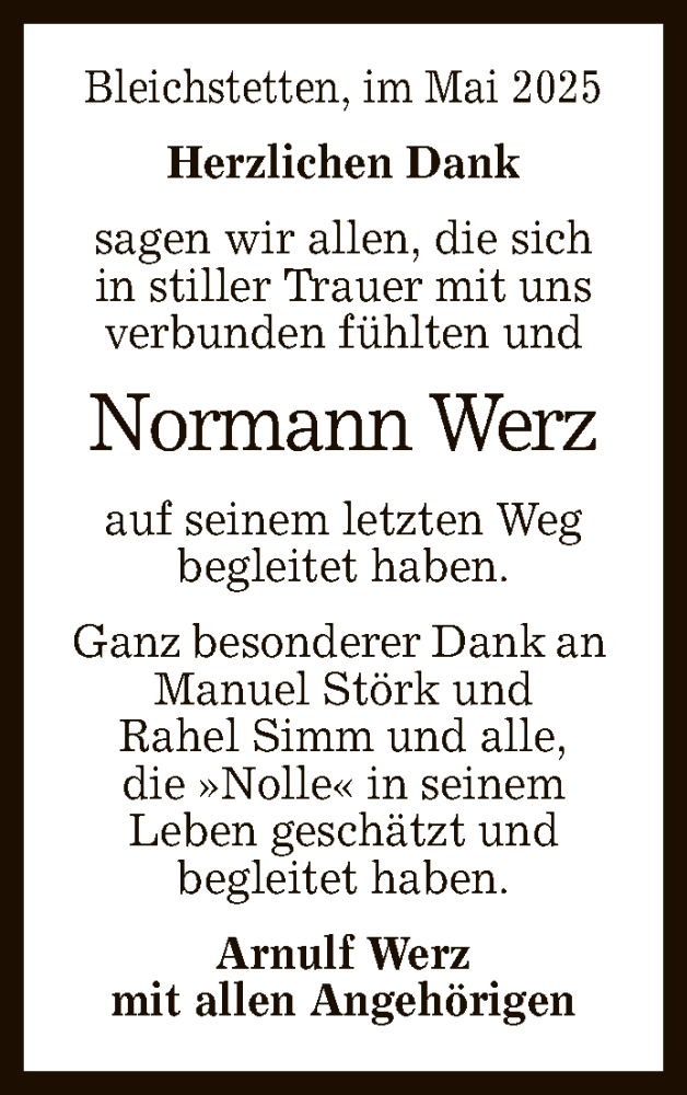  Traueranzeige für Normann Werz vom 06.05.2025 aus Reutlinger General-Anzeiger