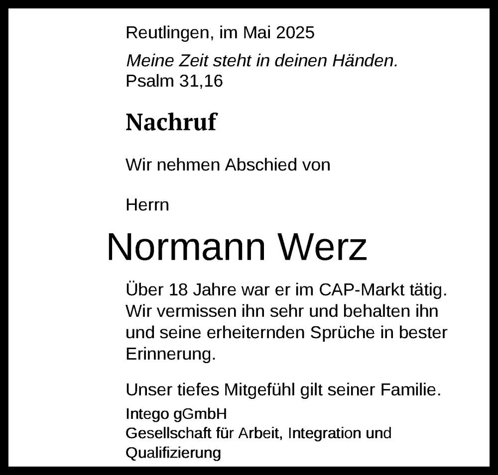  Traueranzeige für Normann Werz vom 03.05.2025 aus Reutlinger General-Anzeiger