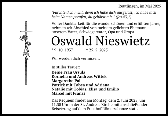 Anzeige von Oswald Nieswietz von Reutlinger General-Anzeiger
