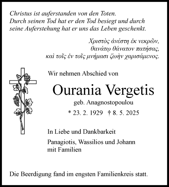 Anzeige von Ourania Vergetis von Reutlinger General-Anzeiger