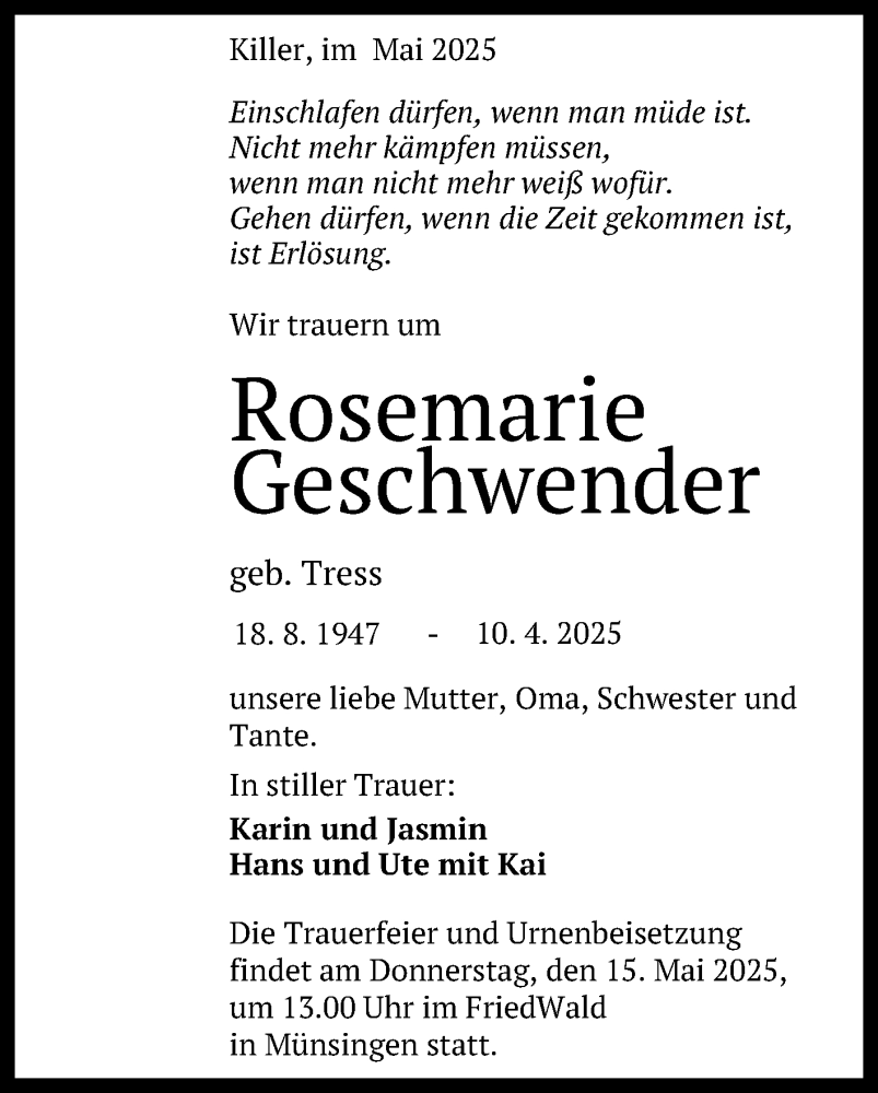  Traueranzeige für Rosemarie Geschwender vom 10.05.2025 aus Reutlinger General-Anzeiger