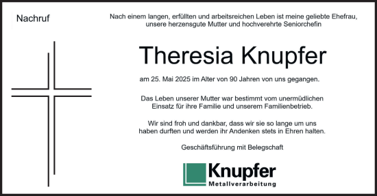 Anzeige von Theresia Knupfer von Reutlinger General-Anzeiger