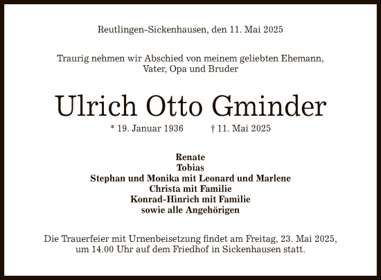 Anzeige von Ulrich Otto Gminder von Reutlinger General-Anzeiger