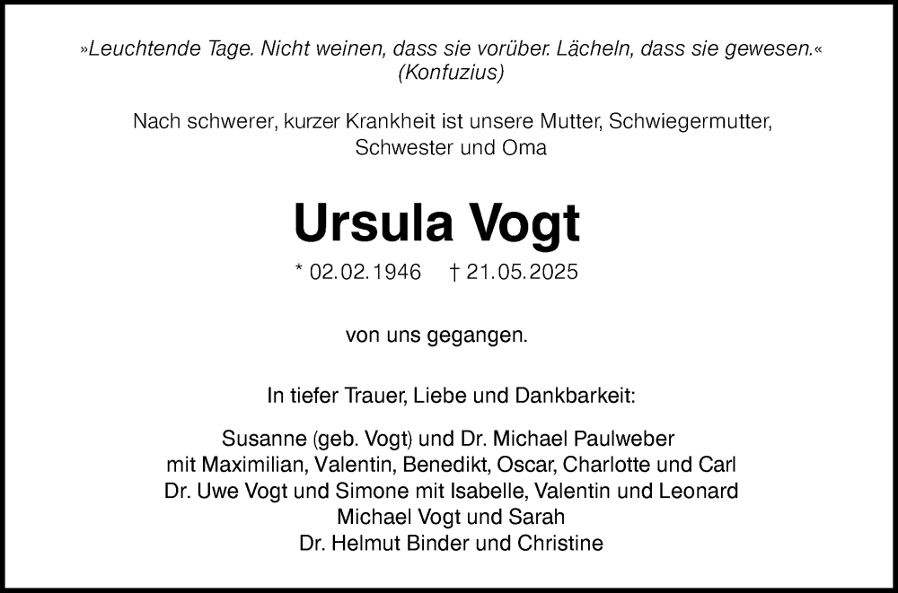  Traueranzeige für Ursula Vogt vom 27.05.2025 aus Reutlinger General-Anzeiger