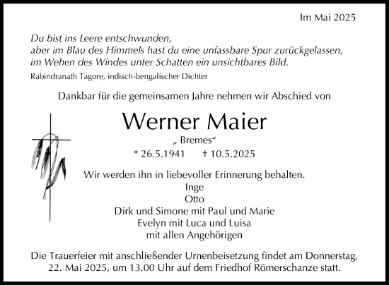 Anzeige von Werner Maier von Reutlinger General-Anzeiger