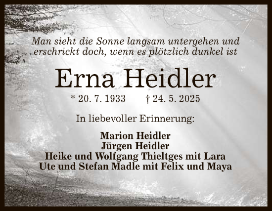 Anzeige von Erna Heidler von Reutlinger General-Anzeiger