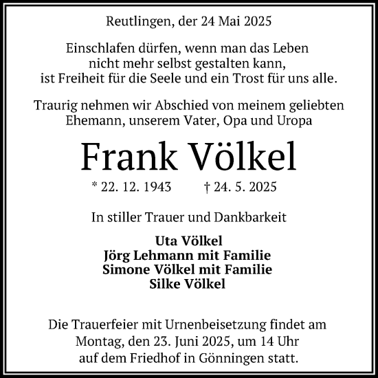 Anzeige von Frank Völkel von Reutlinger General-Anzeiger