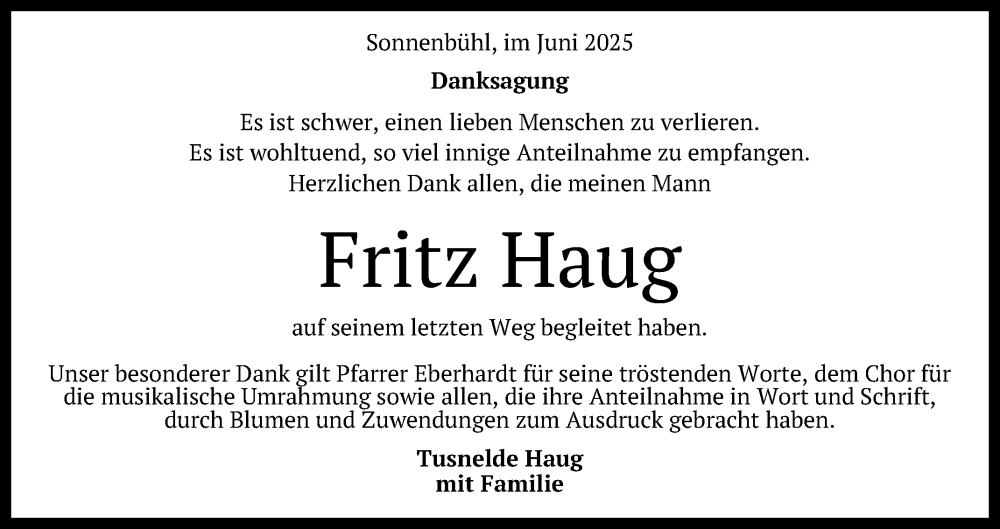  Traueranzeige für Fritz Haug vom 12.06.2025 aus Reutlinger General-Anzeiger