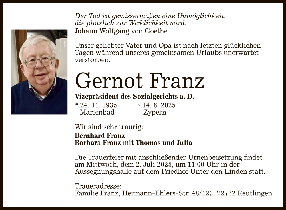  Traueranzeige für Gernot Franz vom 21.06.2025 aus Reutlinger General-Anzeiger