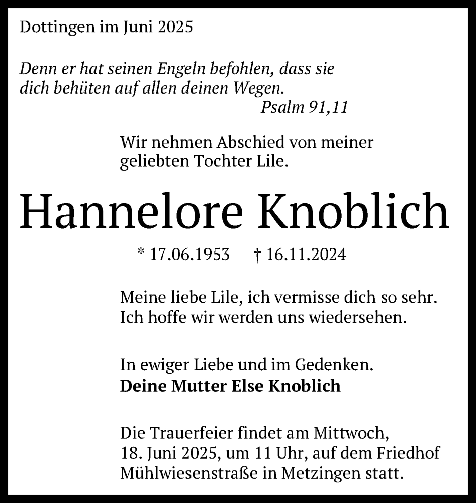  Traueranzeige für Hannelore Knoblich vom 14.06.2025 aus Reutlinger General-Anzeiger