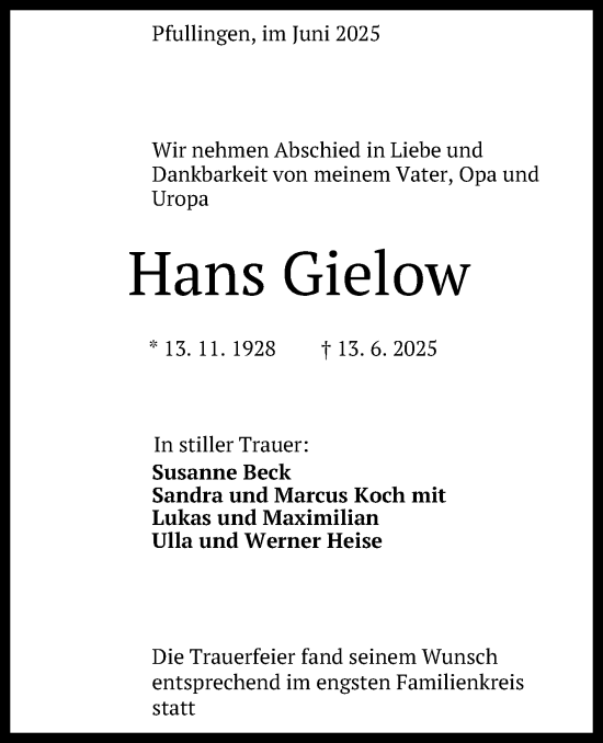 Anzeige von Hans Gielow von Reutlinger General-Anzeiger