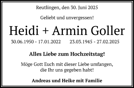 Anzeige von Heidi und Armin Goller von Reutlinger General-Anzeiger