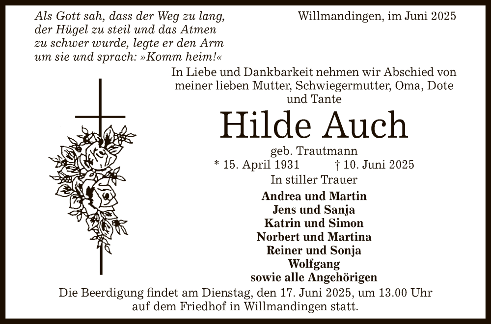  Traueranzeige für Hilde Auch vom 14.06.2025 aus Reutlinger General-Anzeiger