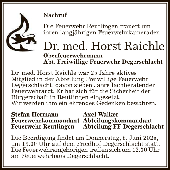 Anzeige von Horst Ernst Raichle von Reutlinger General-Anzeiger