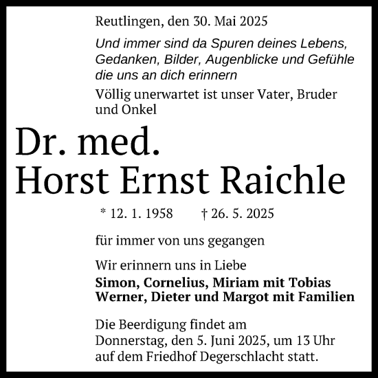 Anzeige von Horst Ernst Raichle von Reutlinger General-Anzeiger