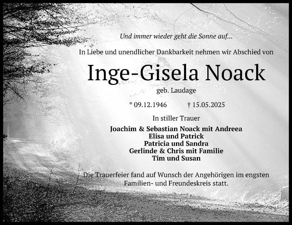  Traueranzeige für Inge-Gisela Noack vom 25.06.2025 aus Reutlinger General-Anzeiger