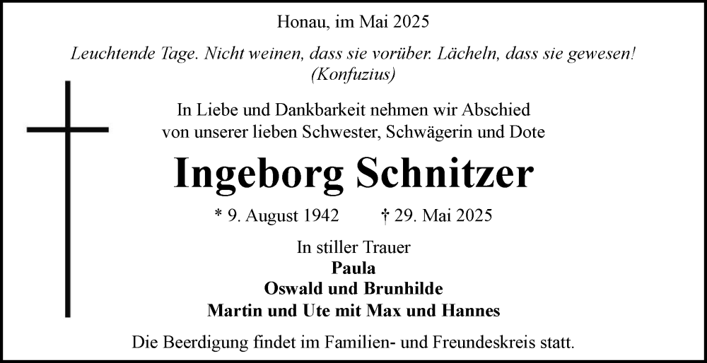  Traueranzeige für Ingeborg Schnitzer vom 03.06.2025 aus Reutlinger General-Anzeiger