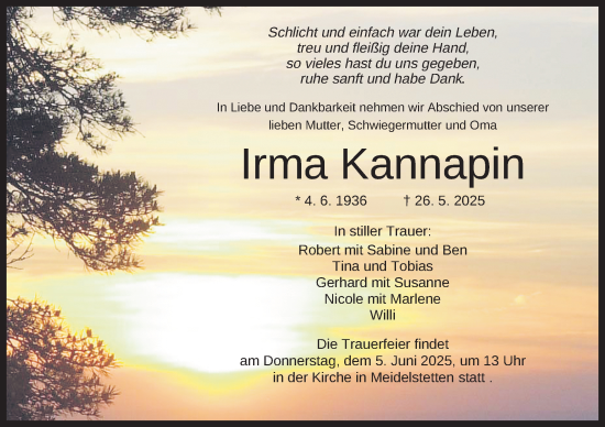 Anzeige von Irma Kannapin von Reutlinger General-Anzeiger