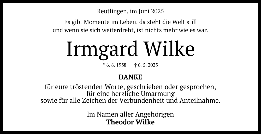  Traueranzeige für Irmgard Wilke vom 07.06.2025 aus Reutlinger General-Anzeiger