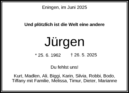 Anzeige von Jürgen  von Reutlinger General-Anzeiger