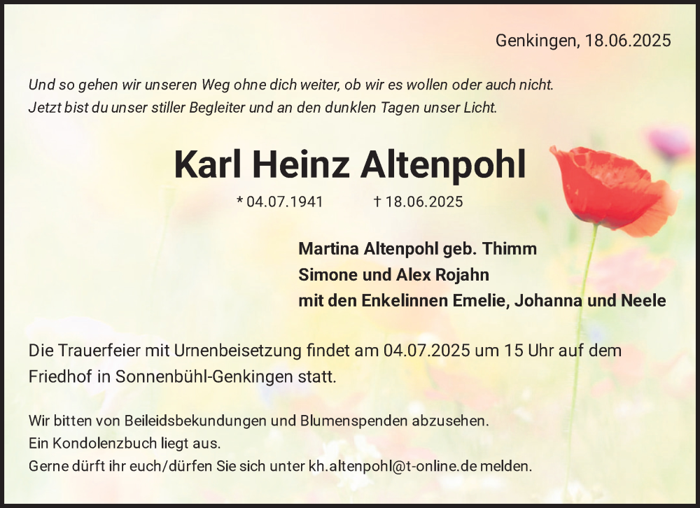  Traueranzeige für Karl Heinz Altenpohl vom 28.06.2025 aus Reutlinger General-Anzeiger