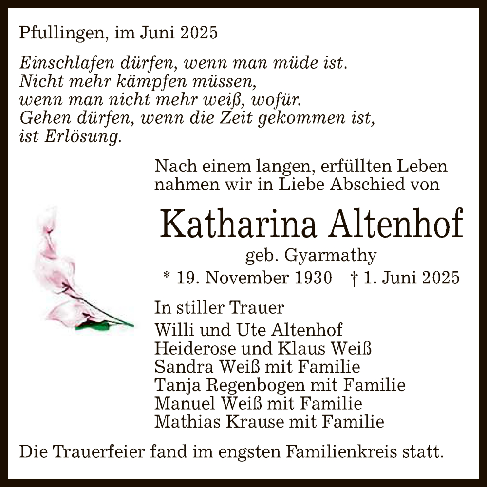  Traueranzeige für Katharina Altenhof vom 21.06.2025 aus Reutlinger General-Anzeiger