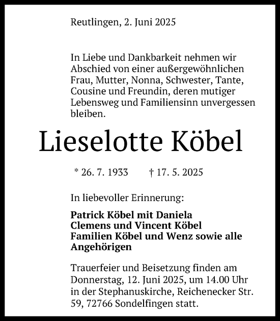 Anzeige von Lieselotte Köbel von Reutlinger General-Anzeiger