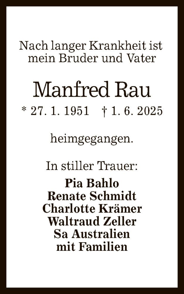  Traueranzeige für Manfred Rau vom 28.06.2025 aus Reutlinger General-Anzeiger