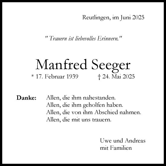 Anzeige von Manfred Seeger von Reutlinger General-Anzeiger