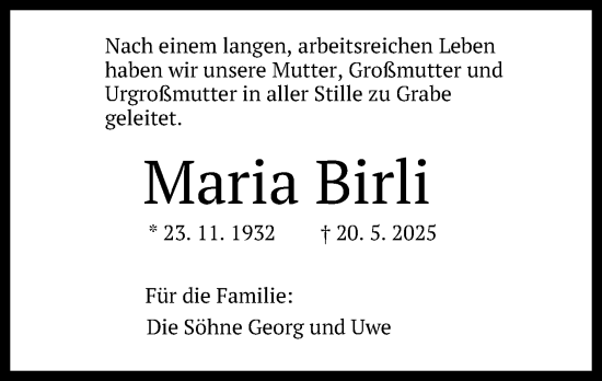 Anzeige von Maria Birli von Reutlinger General-Anzeiger