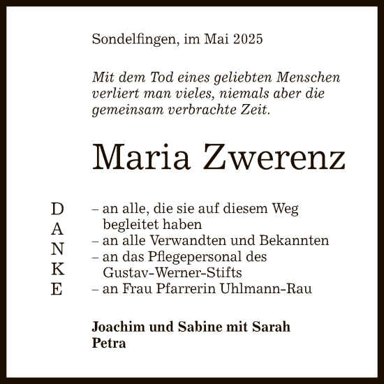 Anzeige von Maria Zwerenz von Reutlinger General-Anzeiger