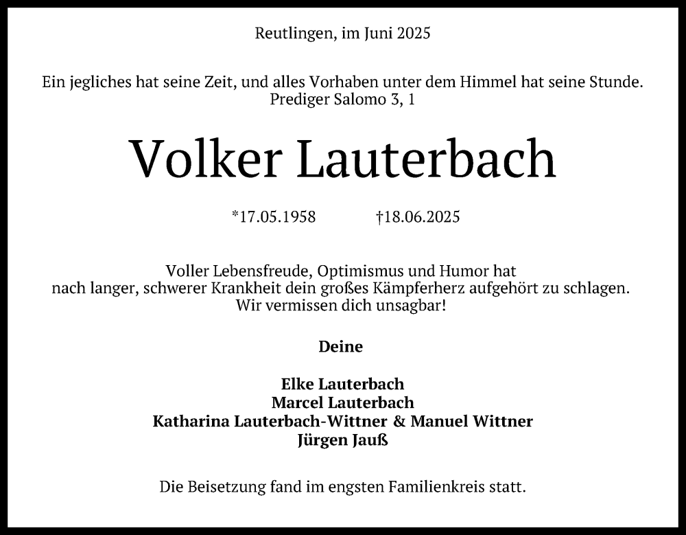  Traueranzeige für Volker Lauterbach vom 28.06.2025 aus Reutlinger General-Anzeiger