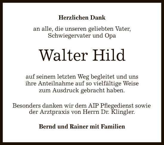 Anzeige von Walter Hild von Reutlinger General-Anzeiger