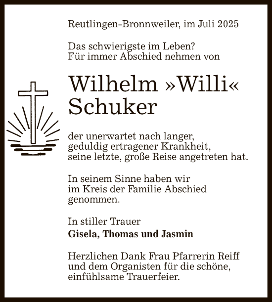Anzeige von Wilhelm Schuker von Reutlinger General-Anzeiger