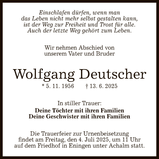 Anzeige von Wolfgang Deutscher von Reutlinger General-Anzeiger