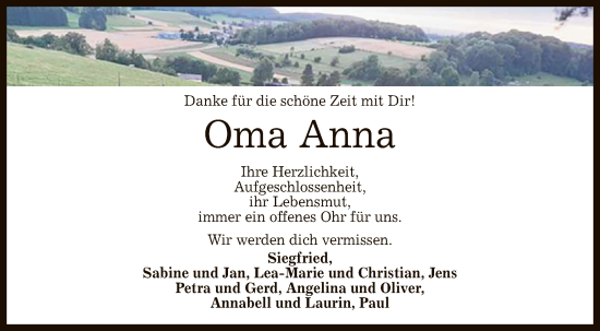 Anzeige von Anna  von Reutlinger General-Anzeiger