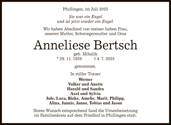 Anzeige von Anneliese Bertsch von Reutlinger General-Anzeiger