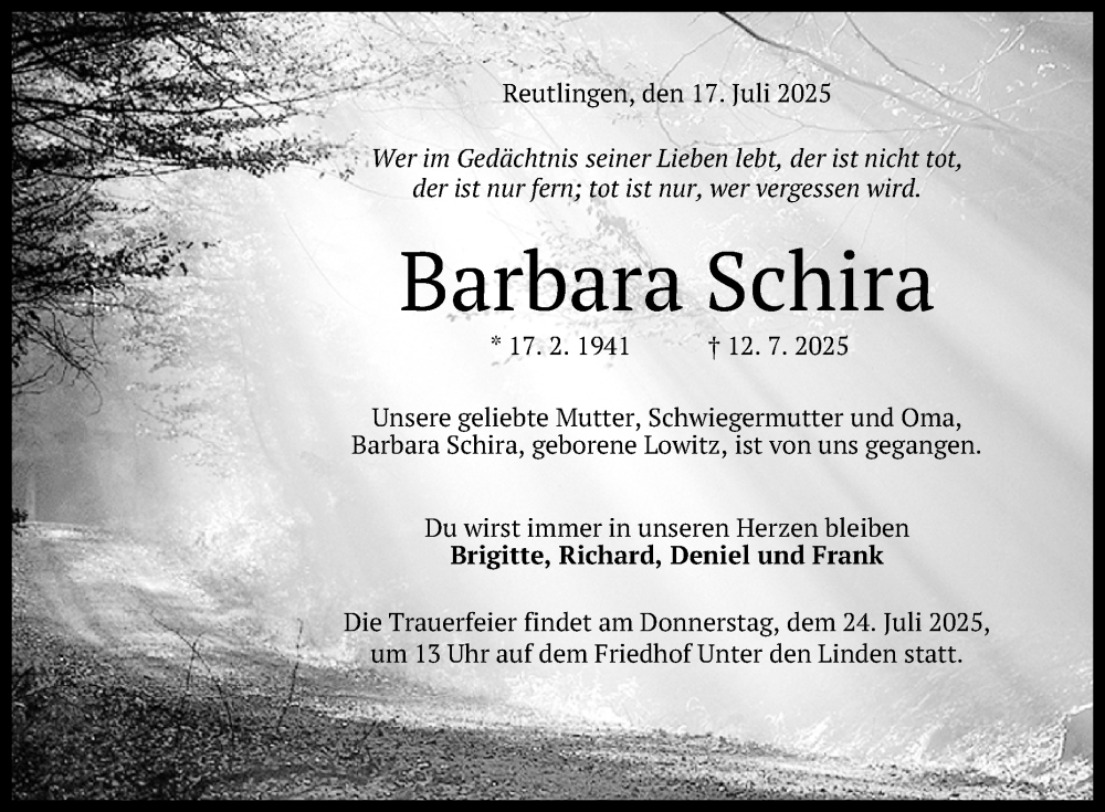  Traueranzeige für Barbara Schira vom 19.07.2025 aus Reutlinger General-Anzeiger