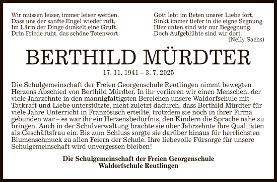 Anzeige von Berthild Mürdter von Reutlinger General-Anzeiger
