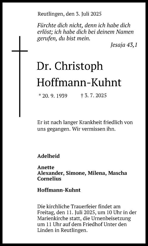  Traueranzeige für Christoph Hoffmann-Kuhnt vom 08.07.2025 aus Reutlinger General-Anzeiger