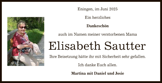 Anzeige von Elisabeth Sautter von Reutlinger General-Anzeiger