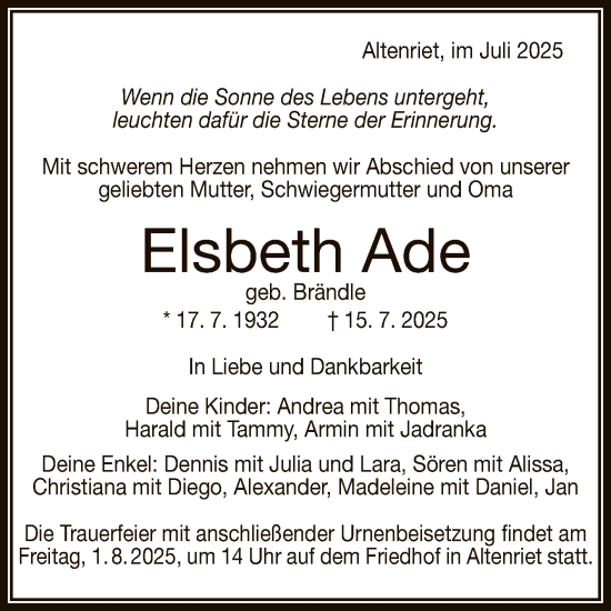 Anzeige von Elsbeth Ade von Reutlinger General-Anzeiger