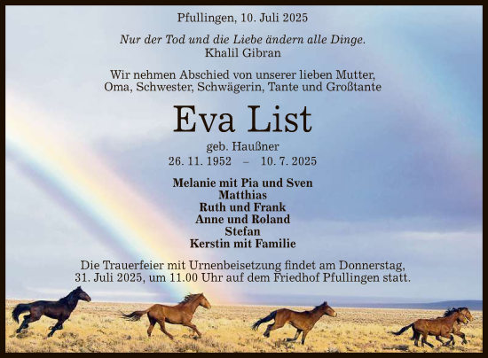 Anzeige von Eva List von Reutlinger General-Anzeiger