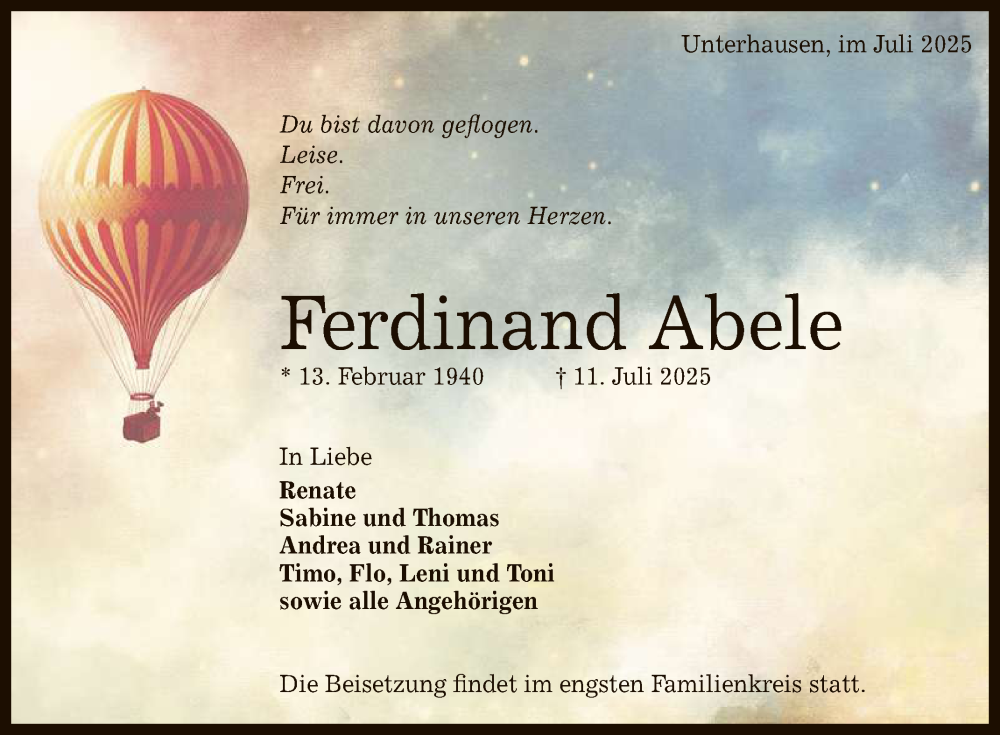  Traueranzeige für Ferdinand Abele vom 18.07.2025 aus Reutlinger General-Anzeiger