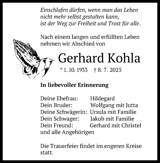 Anzeige von Gerhard Kohla von Reutlinger General-Anzeiger