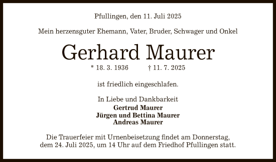 Anzeige von Gerhard Maurer von Reutlinger General-Anzeiger