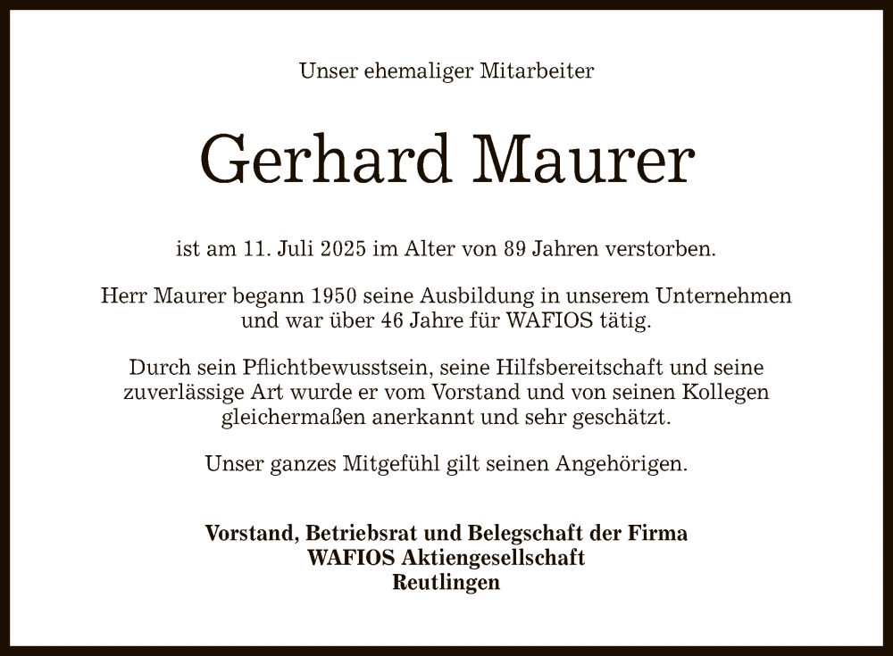  Traueranzeige für Gerhard Maurer vom 22.07.2025 aus Reutlinger General-Anzeiger
