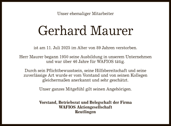 Anzeige von Gerhard Maurer von Reutlinger General-Anzeiger